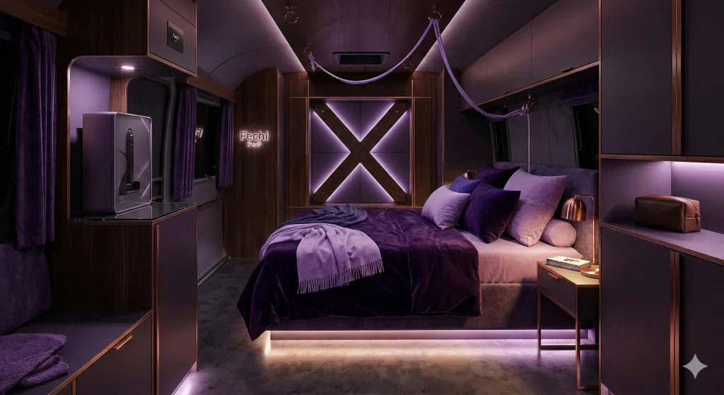 Konzeptvisualisierung: Schlafbereich im Fetisch-Wohnwagen mit gedämpftem violettem Licht und hochwertigen Textilien